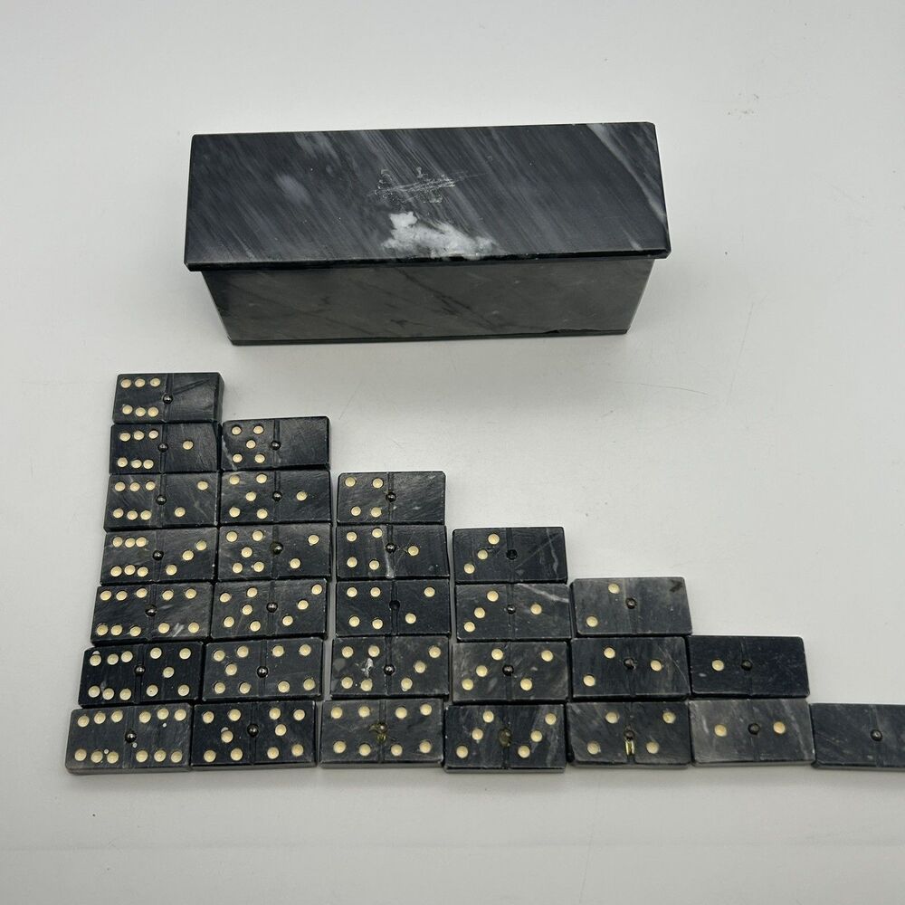 Vintage Capodimonte Marble Domino Set Black White Stone Lid Box M.C. Heavy